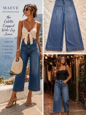 Maeve Anthropologie Colette Cropped Wide Leg Jeans Patch Pockets Sz 28🧡